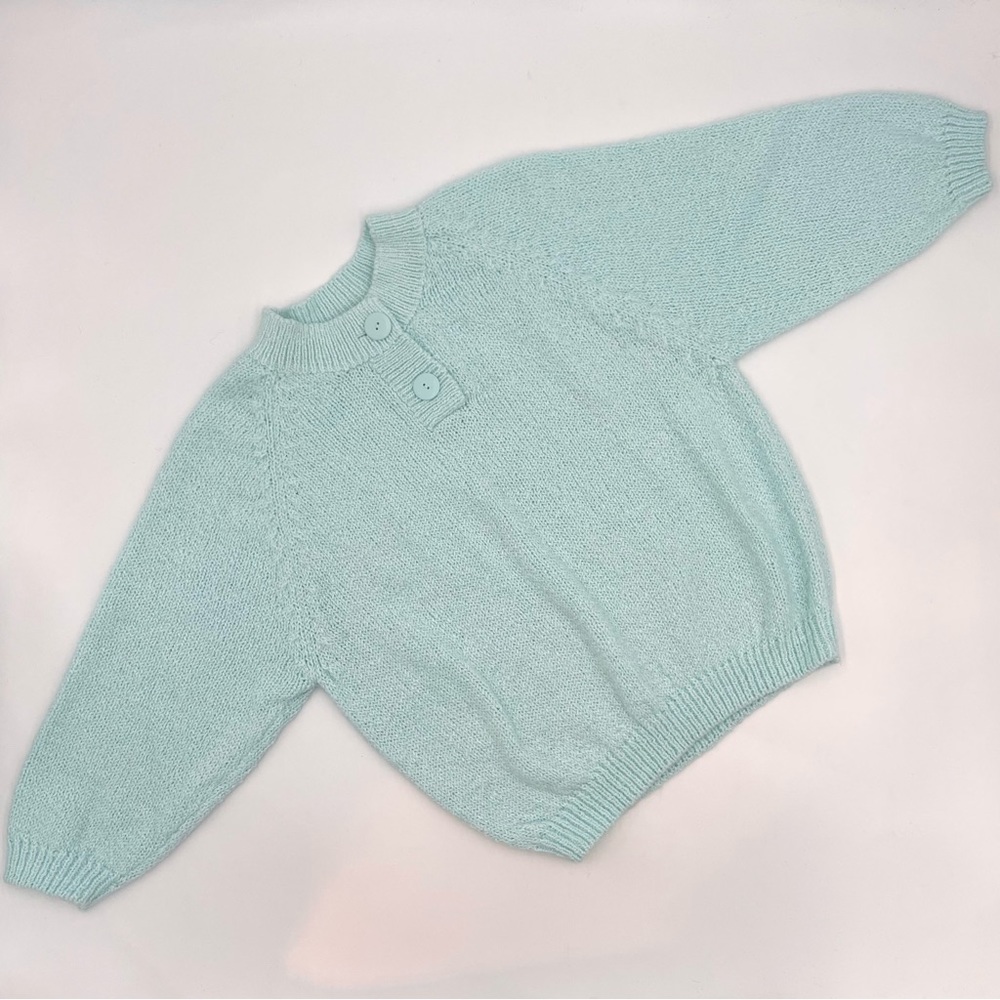 Vintage Sweater Raglan 3/4‎ Sleeve Button Neck Crew 90s Relaxed Fit Cozy Medium
